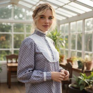 VINTAGE 80s PRIOR STAGE WEST Prairie Western Shirt M Eyelet Lace Tuxedo Bib